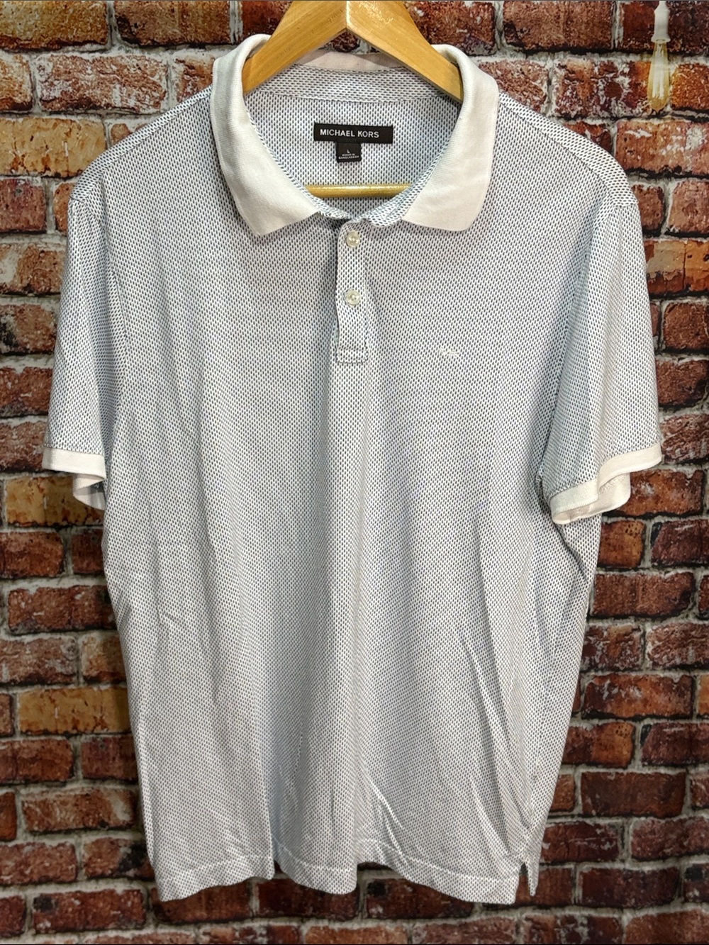 Michael Kors Men's polo shirt Light Blue Dot-Pattern White Trim large cotton